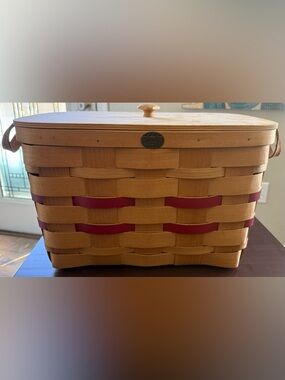 Natural Wood Weave Basket with Red Accents